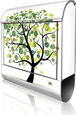 Produktbild von banjado Design Briefkasten Stahl silber mit Zeitungsfach pulverbeschichtet "Laubzauberbaum" 38x46x12,5cm & 2 Schlüssel - Postkasten A4 Einwurf inkl. Montagematerial [BK 10347]