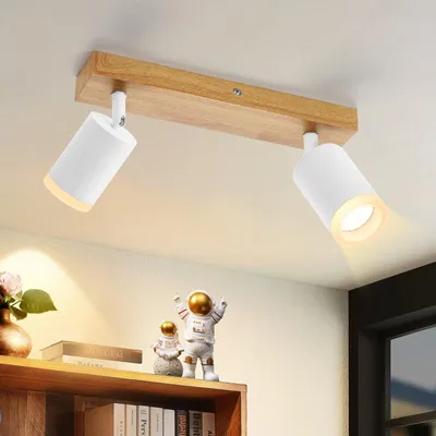 Immagine prodotto di ZMH faretto da soffitto 2 fiamme bianco lampada da cucina legno GU10 faretto da parete 350°rotativo faretto da corridoio vintage industriale retrò senza lampadina