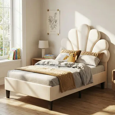 Productafbeelding van ProximaX kinderbed 90x200 cm, meisjesbed met fluweel en bloemenprint, kroonvormig hoofdeinde, verstelbaar bed met bekleding, huidvriendelijk, stabiel, beige