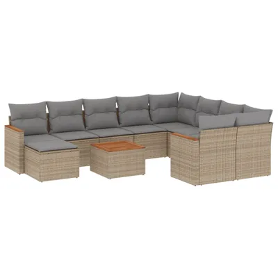Produktbild von Modulares Garten-Loungesofa-Set, 11-teilig, aus beigem Poly Rattan & Akazienholz, mit Kissen Hellgrau, Stauraum, UV-beständig