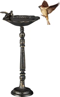 Produktbild von Relaxdays Vogeltränke Gusseisen, Gartendeko antiker Stil, Vogelfutterstelle für Wildvögel, stehend, 40 cm hoch, bronze