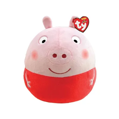 A stuffed toy pig with a red shirt and a Ty tag.