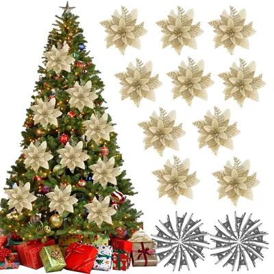 Produktbild von Weihnachtsblüten Glitzer Christbaumschmuck - Gold - 14,5 cm - 20 Stück mit Clips - Für Weihnachtsbaum und Kranz