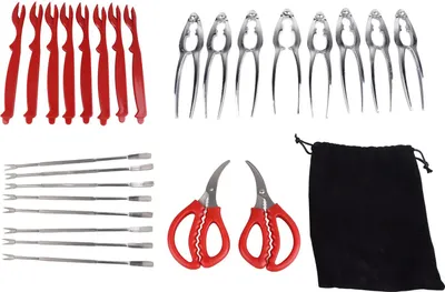 Image de Ensemble de 27 ustensiles pour fruits de mer : casse-crabe en alliage de zinc, casse-homard en plastique, fourchettes à crabe en acier inoxydable, ciseaux à fruits de mer avec sac de rangement pour la cuisine