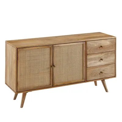 Produktbild von WOHNLING Sideboard 140x75x40 cm Mango Massivholz / Rattan Kommode 3 Schubladen Hoher Kommodenschrank Holz Massiv Standschrank Wohnzimmer 2 Türfächer