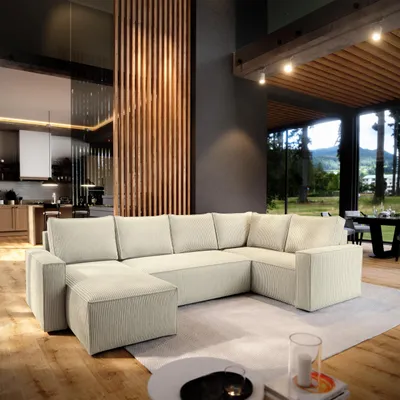 Produktbild von Masseno Ecksofa NORENA R-S mit Schlaffunktion U-Form, Sofa mit Bettkasten, Wohnzimmersofa, Couch, Soffa, Bettsofa, Couchgarnitur- Creme, POSO 100