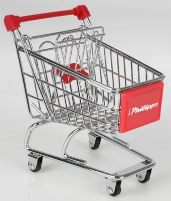 Produktbild von Deko Einkaufswagen Mini aus Metall und Kunststoff dekorativer Mini Einkaufswagen rot für Tischdeko Schaufenster Geschenkidee Basteln Dekoration kompakt ca 14 x 9 x 15 cm