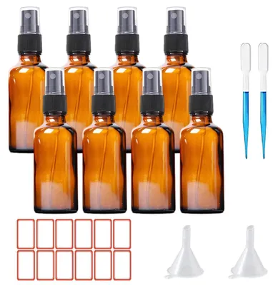 Image de Flacons vaporisateurs en verre brun, 8 x 50 ml, vides, pour un jet fin, rechargeables, avec entonnoir et autocollants d'étiquettes