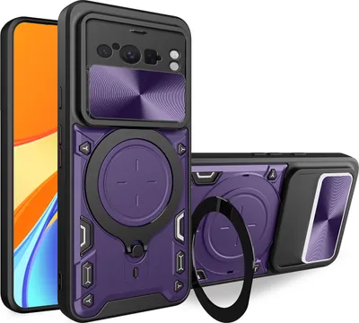 Produktbild von Handyhülle für Google Pixel 8 Pro Dual-Layer Stoßfest Rüstung Hülle mit Dia Kameraschutz und Kreisförmig Ring Ständer Lila