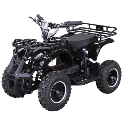 A black electric quad bike for children is shown against a white background.