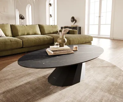 Produktbild von DELIFE Couchtisch Edge Oval 140x80 cm Keramik Laminam® Noir Desir Braun Parabi Metall Schwarz