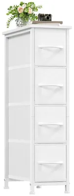 Image de Commode avec tiroirs, blanche, dimensions : 48 cm de largeur x 20 cm de profondeur x 75 cm de hauteur. 4 tiroirs en tissu