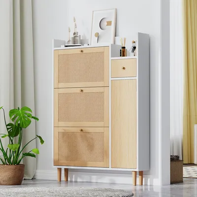 Immagine prodotto di Armadio per scarpe in rattan - Porta scarpe - Contenitore per scarpe - Mobiletto per scarpe - Armadio per scarpe stretto - Con 3 ante a ribalta