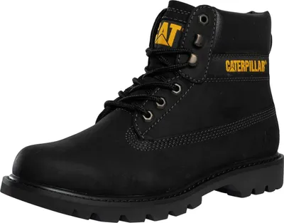 A single black Caterpillar boot shown from a side-diagonal angle.