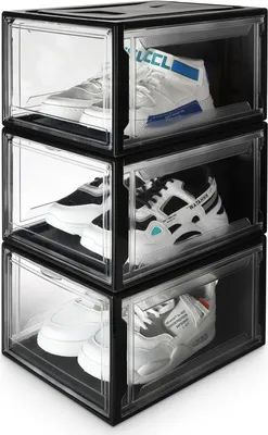 Produktbild von Yorbay Schuhbox, 3er Set, stapelbarer Schuhorganizer, Kunststoffbox mit durchsichtiger Tür, Schuhaufbewahrung, 37 x25,5 x 20 cm, für Schuhe bis Größe 48, Super transparent schwarz
