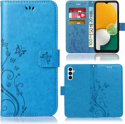 A collage of images showing a blue book-style phone case with a floral and butterfly design, including a view of the case open with cards and cash, and a view of the back of the case with a phone inserted.