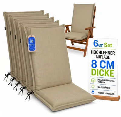 Zdjęcie produktu dla Pillows24 - 6x poduszki z wysokim oparciem 120x50x8 cm | Wygodne i odporne na warunki atmosferyczne poduszki na krzesła ogrodowe | Poduszka na siedzisko do mebli ogrodowych | Wyprodukowano w UE | Cappuccino