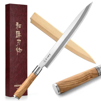 Sashimi-Messer 30 cm, Yanagiba, geschmiedet, Olivenholzgriff, mit Scheide
