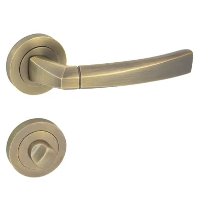 A door handle set with a round rosette and a lever handle, both in a bronze finish, is presented against a white background.