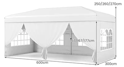 Immagine prodotto di KOMFOTTEU, Padiglione pop-up 3x6 metri, padiglione pieghevole con 6 pareti laterali e 6 sacchi di sabbia, padiglione da giardino regolabile in altezza, con borsa da trasporto su ruote, ideale per spiaggia, matrimoni e campeggio, colore bianco