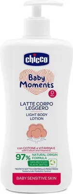 A white pump bottle of Chicco Baby Moments Light Body Lotion.