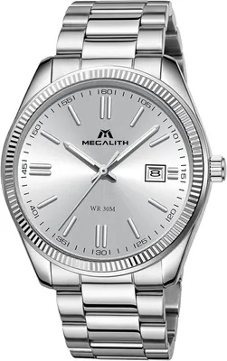Image de MEGALITH, montre-bracelet pour homme, en acier inoxydable, mouvement à quartz, affichage analogique, modèle business avec date, lumineuse, étanche (3 ATM). Élégante montre pour homme, idéale pour le travail et les loisirs