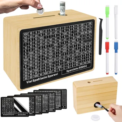 Productafbeelding van Houten spaarbox met cijferlijnen, herbruikbaar, geschikt voor kinderen en volwassenen, bruin