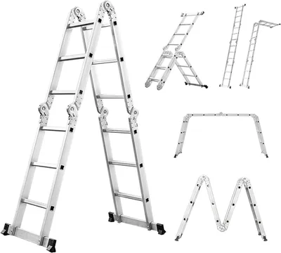 Produktbild von Mehrzweckleiter, 6-in-1, 3,6 m, klappbare Aluminiumleiter, 4 x 3 Gelenkleiter mit 12 Stufen, rutschfest, stabil und robust, bis 150 kg