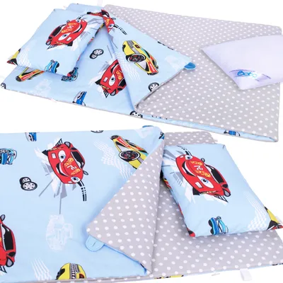 Zdjęcie produktu dla Pościel do przedszkola z wypełnieniem 220x80 cm zapinana pościel BOBO bawełna - auta