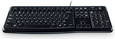 A black Logitech K120 keyboard is shown against a white background.