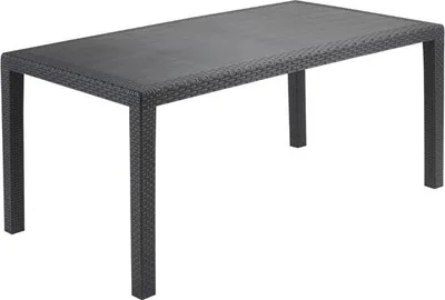 A rectangular outdoor dining table with a rattan-like texture and metal legs, presented against a white background.