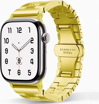 Produktbild von FFO2World Klassisches Metallarmband für Apple Watch 42/41/40/38 mm – H-Design Satin – Kompatibel mit SE/Serie 1–11 – Gold