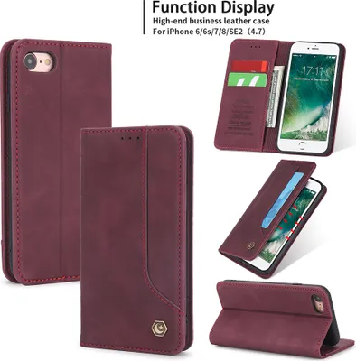Produktbild von iPhone SE 2020 Hülle, LaimTop Retro Kunstledertasche Schutzhülle mit Kartenfach Standfunktion für iPhone SE 2020 / iPhone 8 / 7 / 6 / 6s Rot