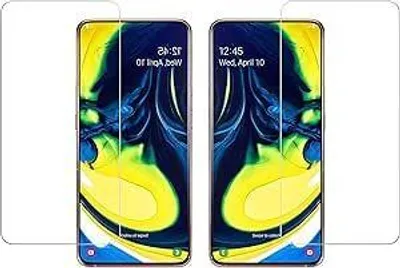 Two screen protectors are shown on a white background, each placed over a smartphone display showing a colorful abstract wallpaper.