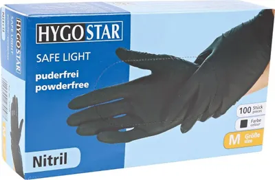 A box of black nitrile gloves with an image of hands wearing the gloves on the front.