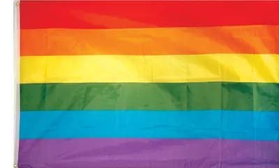 A rainbow flag is displayed horizontally against a white background.
