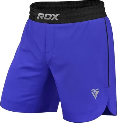 A pair of blue MMA shorts with a black waistband and RDX logos.