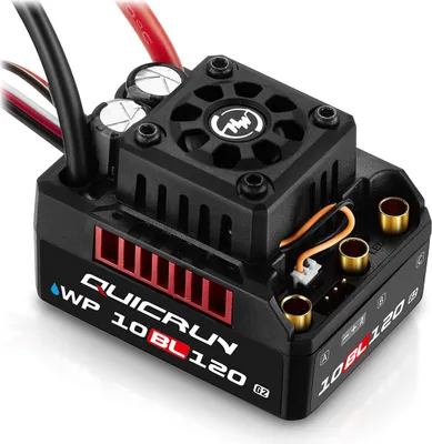 A close-up studio shot of an electronic speed controller for a remote-controlled vehicle.