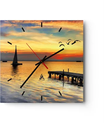 Produktbild von Wanduhr - Quadrat - Glasuhr - Strand landschaft wasser brücke - 30x30cm - Schleichendes Uhrwerk - Lautlos - zum Aufhängen bereit - Dekoration Modern - Wanddekoration aus Glas - C3AC30x30-2535