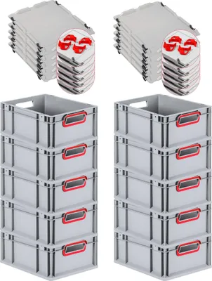 Produktbild von SuperSparSet 10x Eurobox NextGen Color mit Auflagedeckel und Schiebeschnappverschlüsse | HxBxT 17x30x40cm | 16 Liter | Grau | Griffe rot offen | Glatter Boden | Eurobehälter, Transportbox, Transportbehälter, Stapelbehälter
