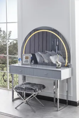 Produktbild von Schlafzimmer Grauer Schminktisch r Textil Hocker 2tlg Edles Set