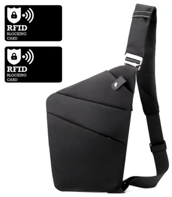 Productafbeelding van Borsttas - inclusief 2 RFID/NFC-blokkeerkaarten - 32x20x2 cm - zwarte schoudertas (rechts) - voor dames en heren - geschikt voor reizen en fietsen