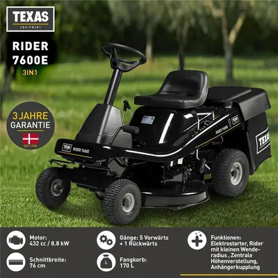 Produktbild von TEXAS Aufsitzmäher Aufsitzrasenmäher Rasentraktor Rider 7600E 432cm³ 12PS 76cm