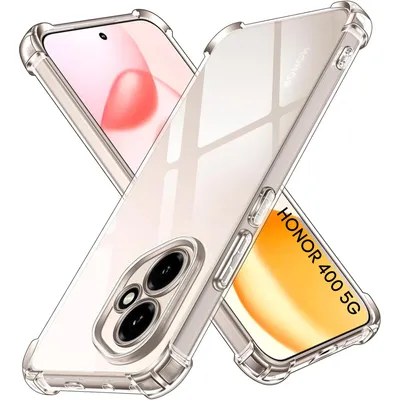 Two transparent phone cases are shown, one partially covering the other, with a phone screen visible through the top case. The text "HONOR 400 5G" is visible on the bottom case.
