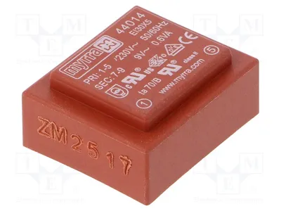 Obrázek produktu pro 1x Transformátor: povrchově upravený, 230 VAC. Montáž: 44014. Transformátor, 0,6 VA, 66 mA, 9 V