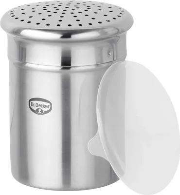 Produktbild von Dr. Oetker Zuckerstreuer grob, Küchenhelfer aus hochwertigem Edelstahl, zum dekorativen und schnellen Bestäuben, großes Füllvolumen, inklusive Schutzdeckel, (Farbe: silber)