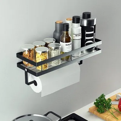 Obrázek produktu pro Kuchyňská police s držákem na papírové utěrky, černá, 35 cm