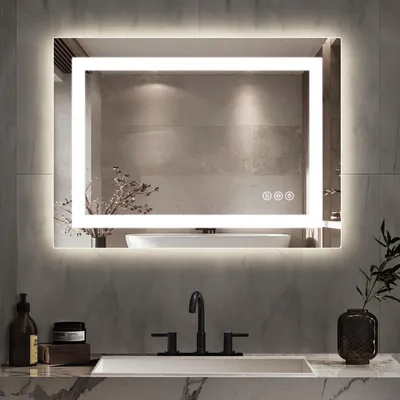Zdjęcie produktu dla Lustro do łazienki LED, 60 x 80 cm | Lustro ścienne z regulacją jasności, antyfogging, 3 barwy światła