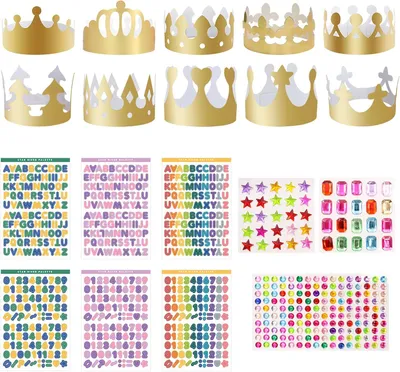 Produktbild von Papierkrone fuer Kinder, 20 Stueck, mit Strass und alphanumerischen Aufklebern, fuer Prinzessinnenfest