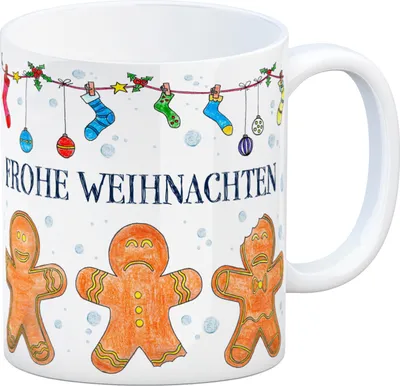 Produktbild von Kaffeebecher mit Lebkuchenmänner Motiv und Spruch: Frohe Weihnachten Tasse
